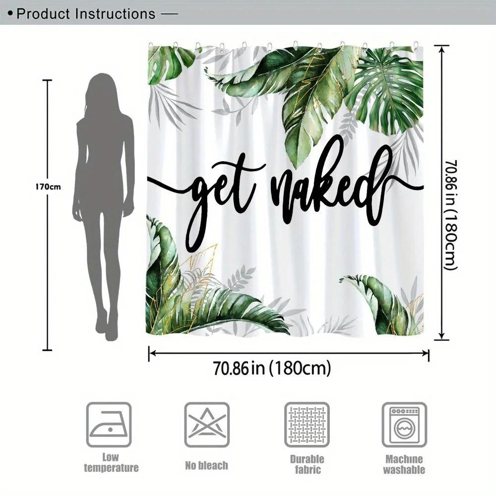 1Pc 'Get Naked' Shower Curtain - Black Cursive Font, Green Tropical Leaves & Gold Accents, Polyester, Modern Nature Design