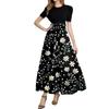 Women's Fashion Casual Belt Short Sleeve Round Neck Print Stitching Elegant Temperament Dress
