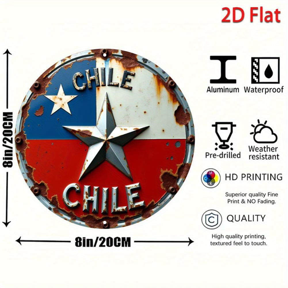 D Flat Vintage Distressed Chile Flag with D Star Retro Round Metal Tin Sign  Patriotic Chilean Themed Wall Decor Rustic Fl