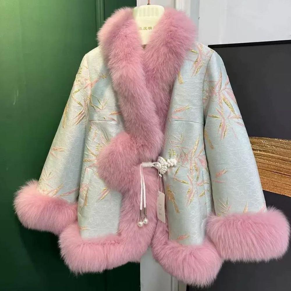 Satin National Style Buckle Imitation Fox Fur Coat Women's Young Fur Coat Winter New