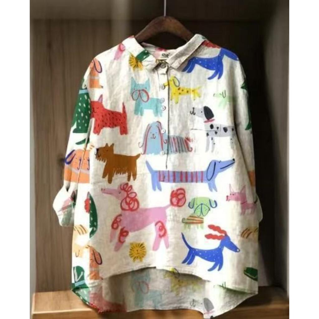 Women's Turn Down Collar Long Sleeve Floral Print Shirt Loose Fit Elegant Casual Blouse