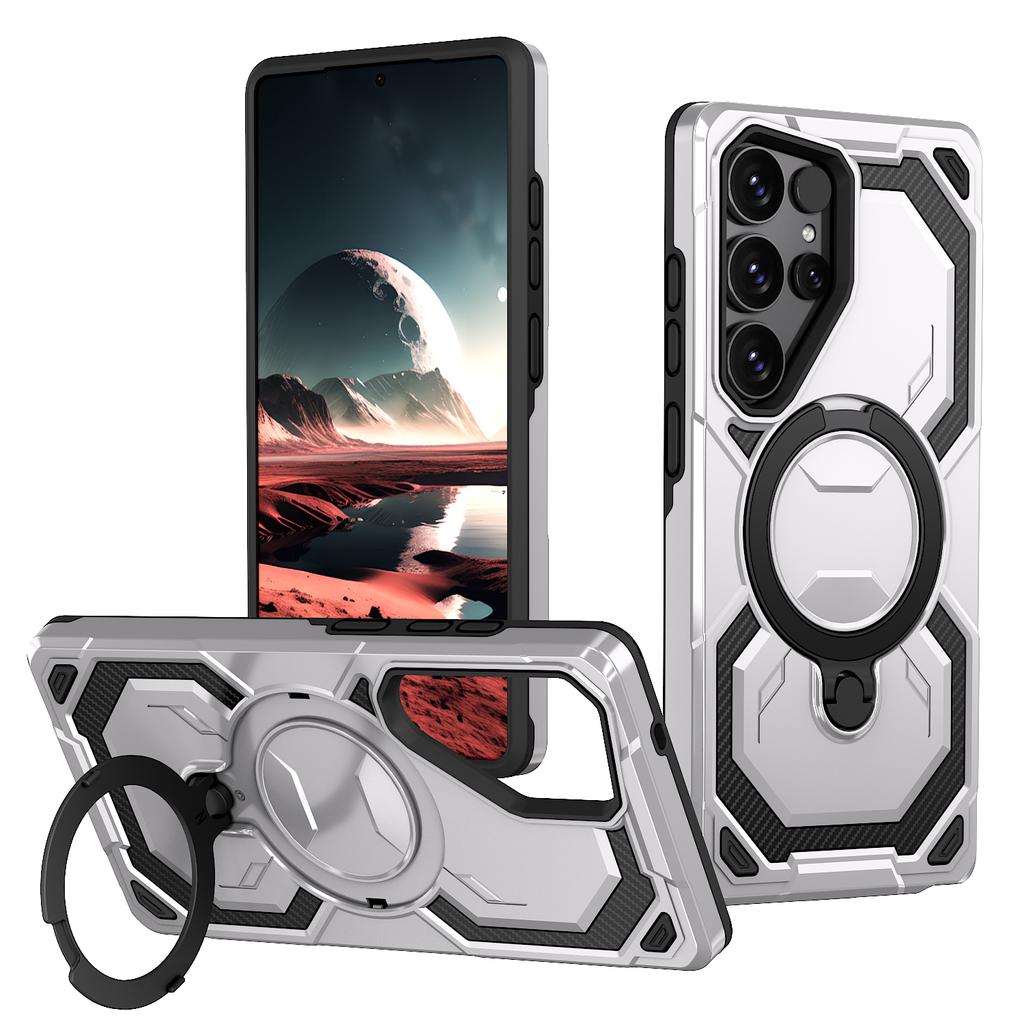 For Samsung Galaxy S25 Ultra Magnetic Case Ring Kickstand PC + TPU Hybrid Phone Cover
