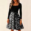 Women Vintage Long Sleeve Square Neck Bat Print Evening Party Dress Halloween Costume Retro Style Waist Flared Skirt