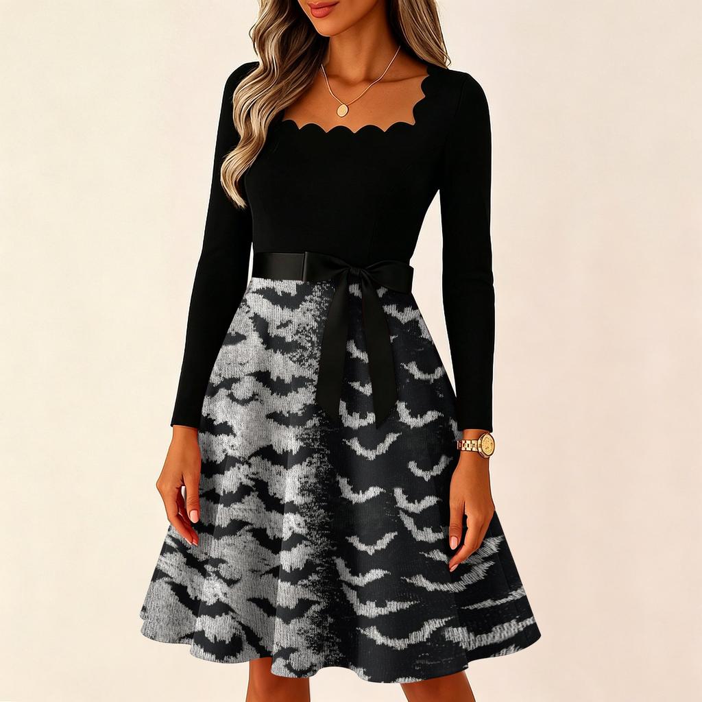 Women Vintage Long Sleeve Square Neck Bat Print Evening Party Dress Halloween Costume Retro Style Waist Flared Skirt