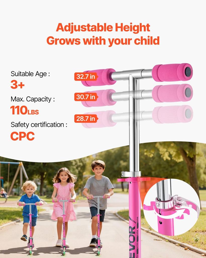 Kick Scooter for Kids Ages 3+, 2-Wheel Toddler Scooter with Light-Up Wheels, Adjustable Height Handlebar, Wide Anti-Slip Deck, Foldable Lightweight
