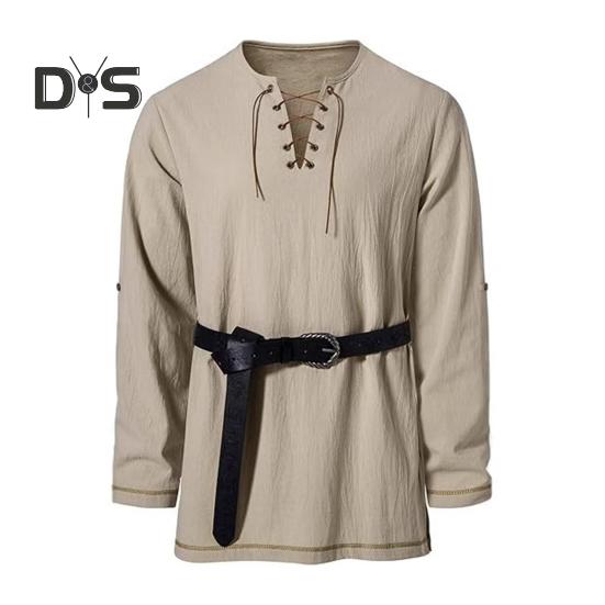 Pánské vintage šněrovací tričko s dlouhým rukávem a límečkem Henry, jarní podzimní jednobarevné tričko pro každodenní nošení, vystoupení, cosplay