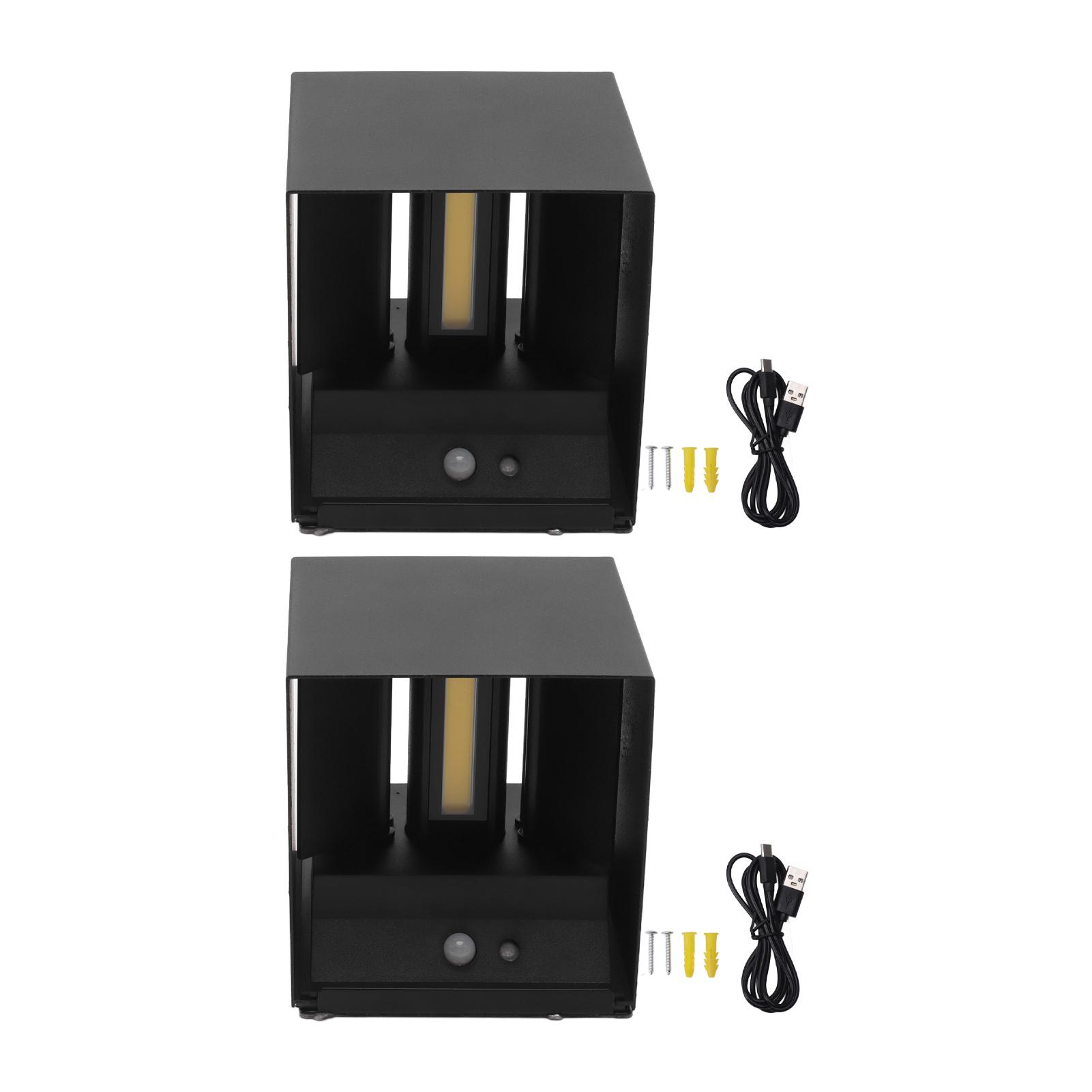 

2 комплекта 6 Вт светодиодных настенных ламп с магнитным основанием, датчиком движения, квадратным теплым белым освещением, направленным вверх и вниз по стене чёрный