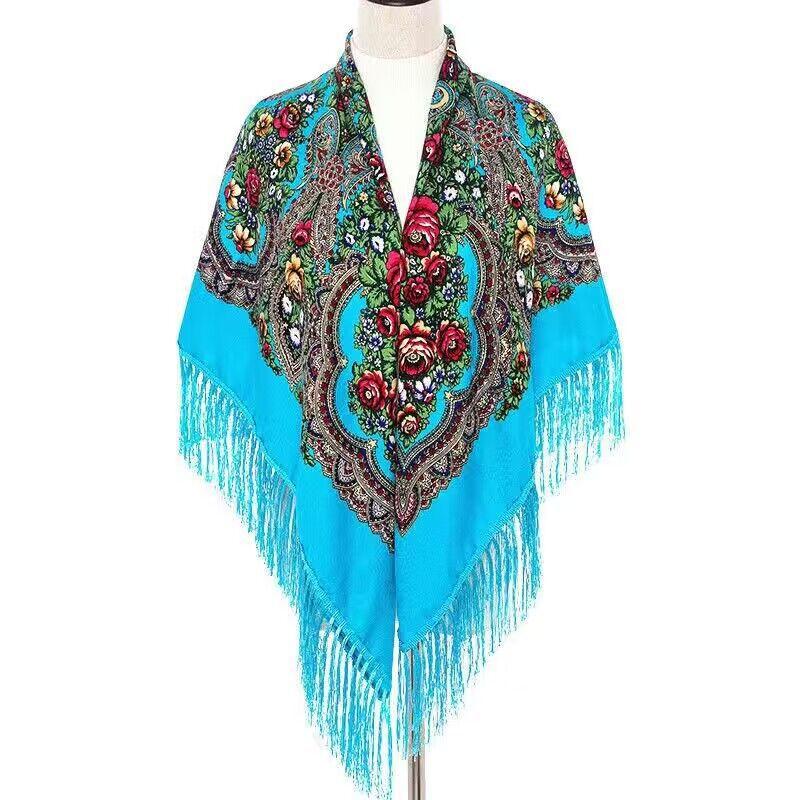 130*130cm Russian Style Floral Print Square Scarf Big Size Bandana Handkerchief Ukrainian Scarves Fringed Shawl Babushka Hijab