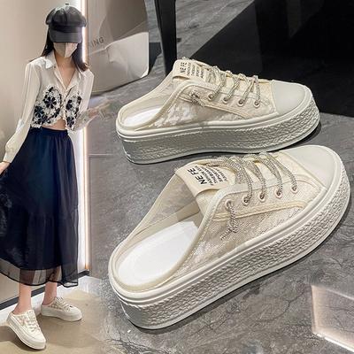 Closed Toe Half Slippers for Women Summer Wear  New Mesh All-Match Heel-Free Lazy Canvas Shoes Casual Sandals