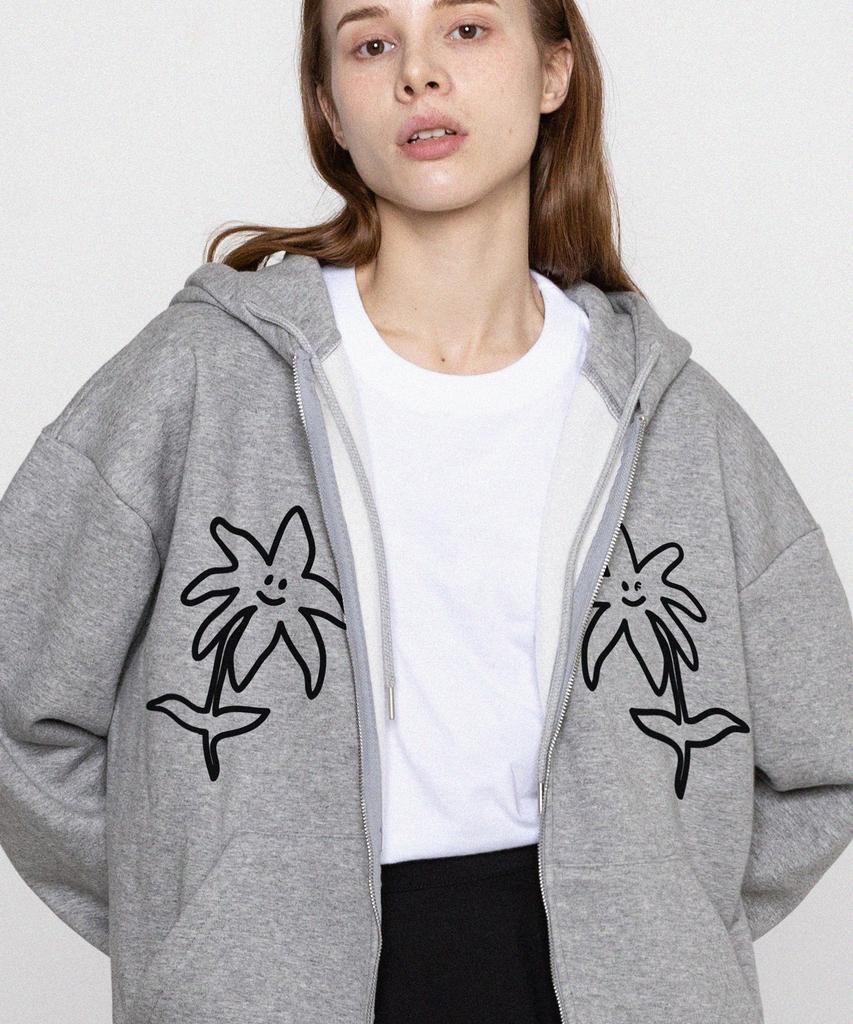 Graver [Unisex] Two Drawing Line Flower Zip-Up Hoodie_Gray