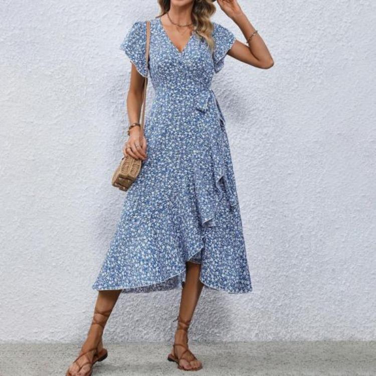 Boho Flowy Summer Floral Maxi Dress for Women V Neck Short Sleeve Wrap Beach Dress Casual Long Dress with Ruffle Hem and Split