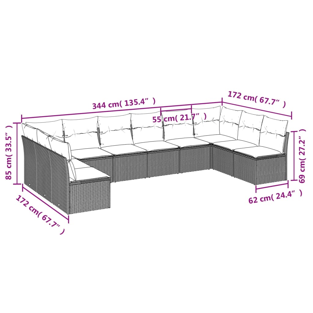 Vidaxl 10-Cz. Set di Mobili da Giardino con Cuscini, Beige, Polyrattan