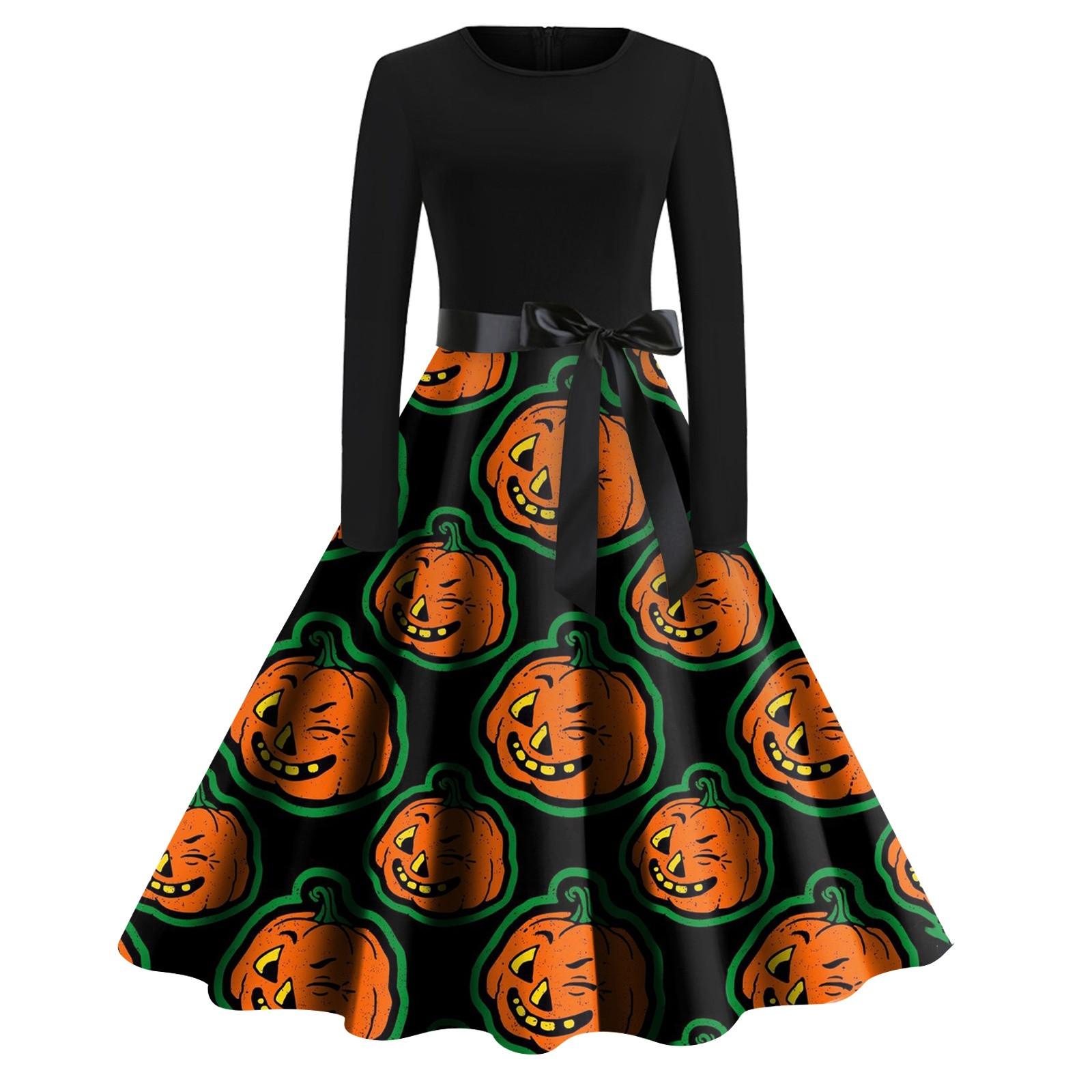 

Женское платье с расклешенным принтом на Хэллоуин с длинным рукавом и круглым вырезом, вечерние повседневные платья XXXXL шафрановый