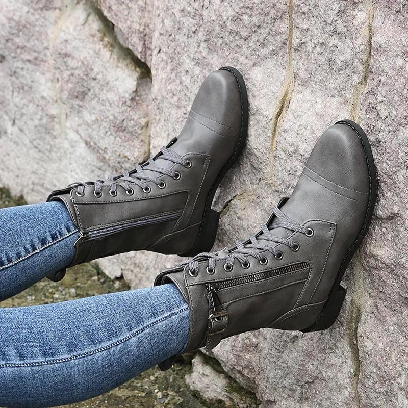 Dámské kotníkové kozačky s hranatým podpatkem podzim zima PU kůže krátké pracovní boty žena nadměrná velikost šněrování elastické botas Mujer