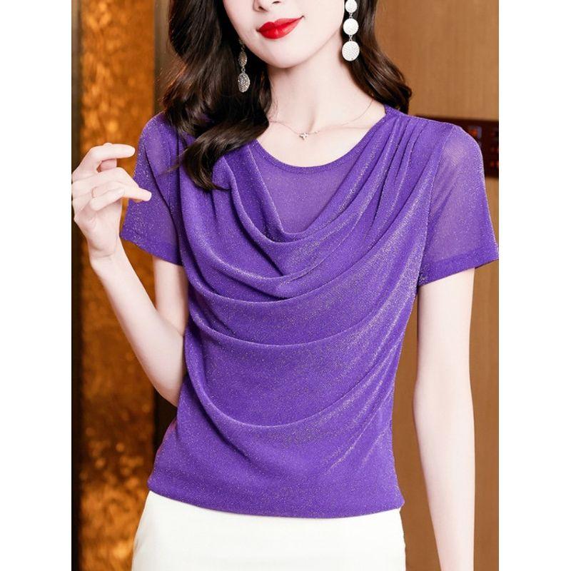 Size Women's Clothing Chubby Girl Summer New Arrival Pure Color Silm Swing Collar Mesh Slimming Short Sleeve T-shirt Easiest for Match 8 Color Women