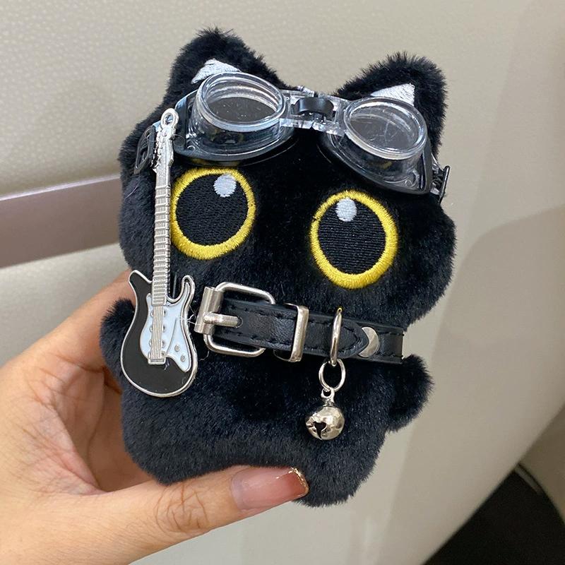 Cute Cartoon Plush Black Cat Keychain Swimming Goggles Cat Stuffed Toys Bag Pendant Hangings Ornament Creative Doll Keyring Gift