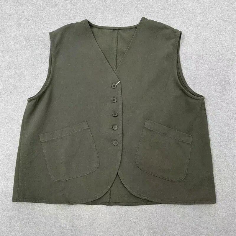 Johnature Spring Loose Vests Women Casual Workwear Sleeveless Top V-neck Cardigan Layered Cotton Coats