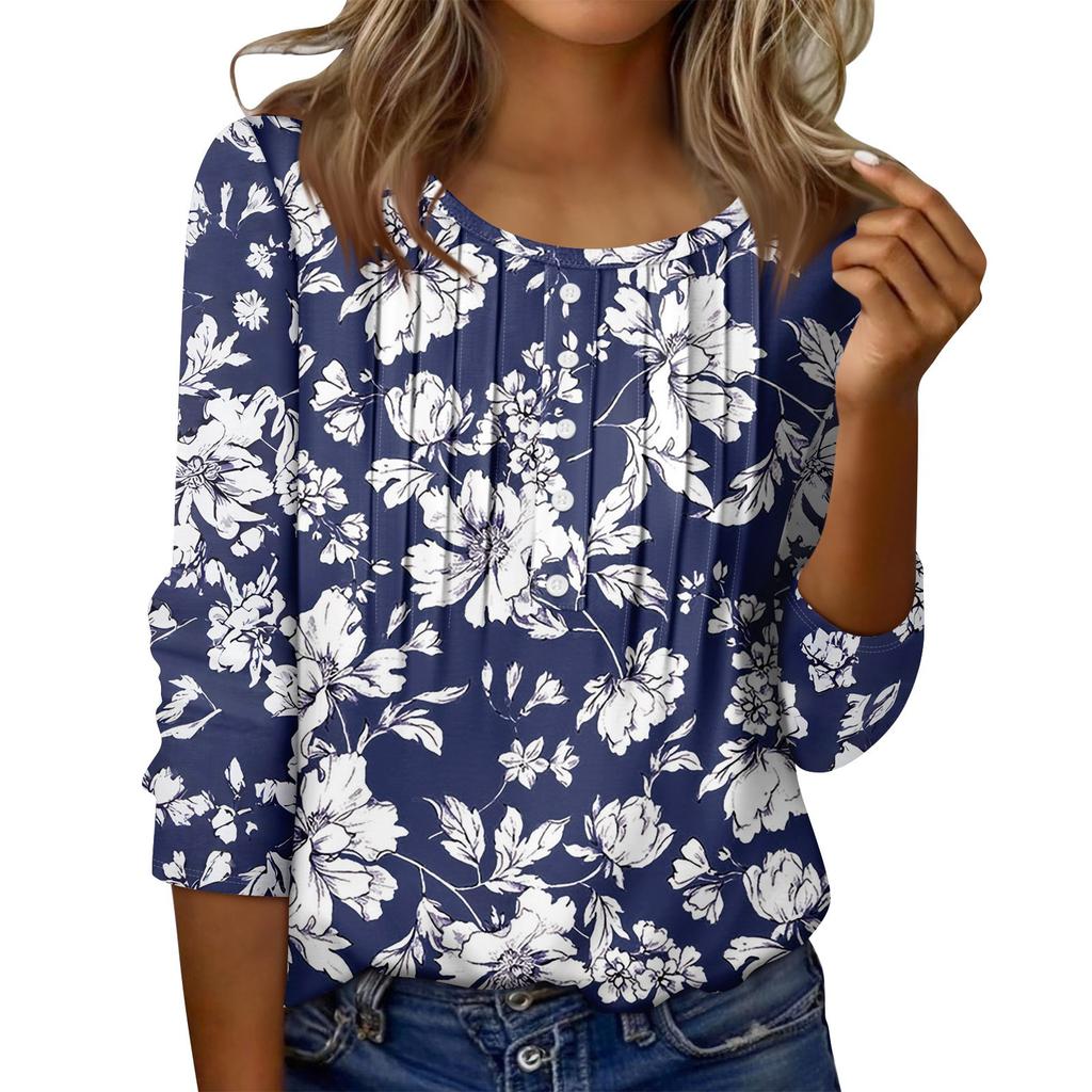 Women's Round Neck Pull Stripe Decorative Button Top Casual Solid Color 3/4 Sleeve T Shirt