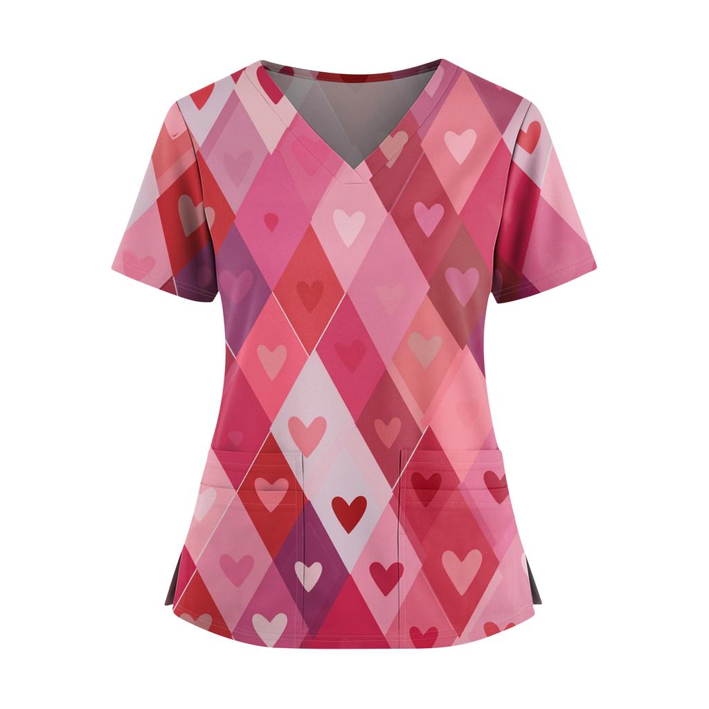 Women's Valentine's Day  Printed V-Neck Double Pocket Short Sleeves Hem Slit  Uniform Caregiver Top