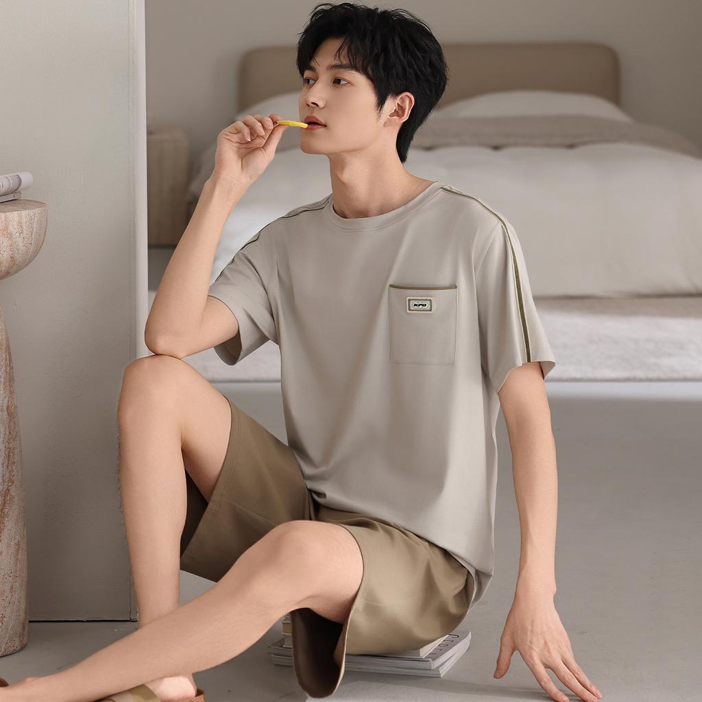 Pajamas Men's Summer Cotton Short Sleeve Shorts Thin Solid Color Teen Large Size Sports Can Wear Dad's Loungewear
