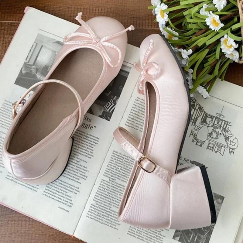 Fashion 2025 spring cute sweet Bowknot Mary Janes for Women  vintage Silk Med Heels  pumps Ladies  Banquet Wedding Single Shoes Mujer