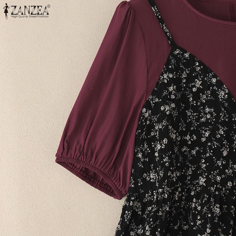 ZANZEA Women Casual Floral Print Patchwork Summer Short Sleeve Blouse