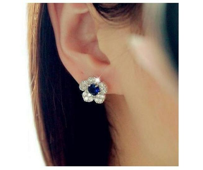 B096 British Princess Kate Style Micro-Inlaid Zircon Blue Crystal Earrings