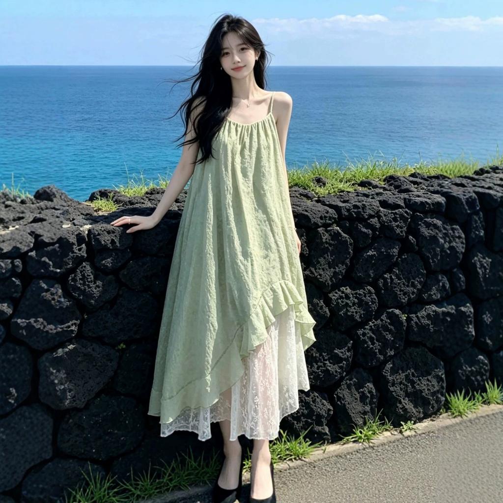 Mori Wizard of Oz Vacation Wind Lace Splicing Suspender Dress Women's Summer New Romantic Unique Beautiful Long Dress