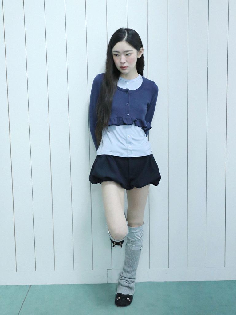 Eogeulliswedou Layered Frill Cardigan T-Shirt (Navy)
