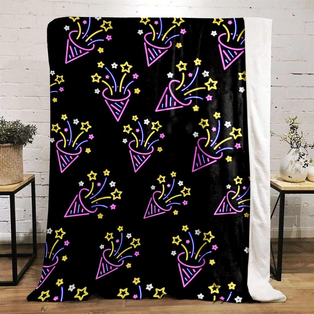 Festive neon party poppers with colorful stars on a black background. for all seasons blanket lunch break throw gift