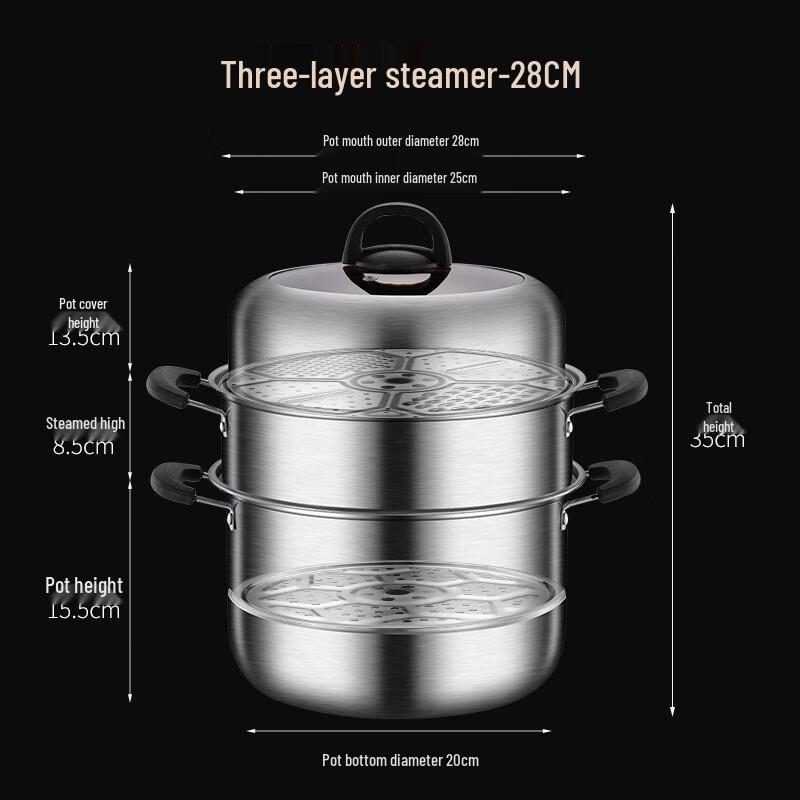 Wutuo 28cm Stainless Steel 3-Layer Steamer Pot