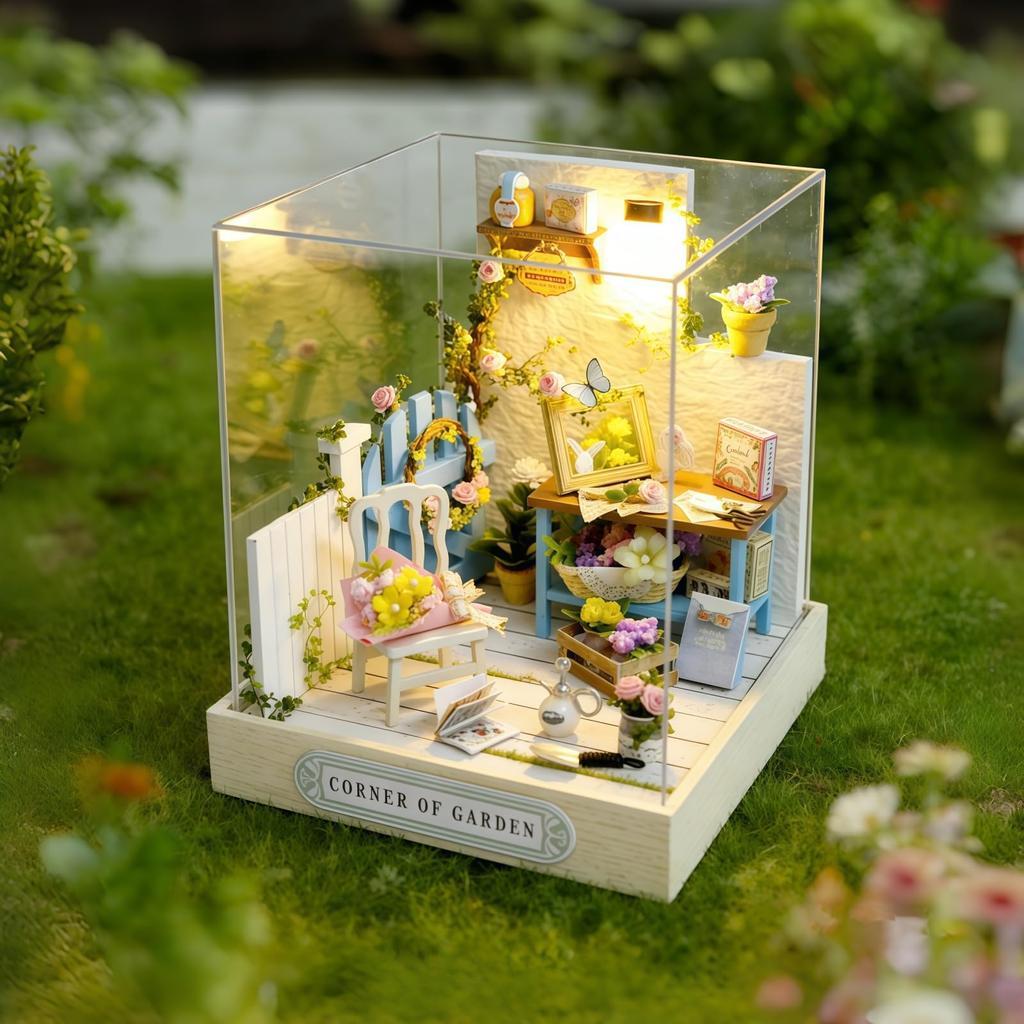DIY Wooden Miniature Dollhouse Kit [Garden Corner] Handmade Interior for Beginners, Stylish Gift, 3D Puzzle, LED Light and Dustproof Cover Included