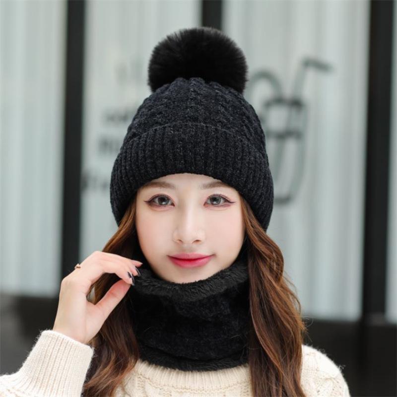 Hat Women's Winter Warm Shelter Knitted Hat Set Fleece Thickened Ear Protectors Fashion Scarf Pullover Hat