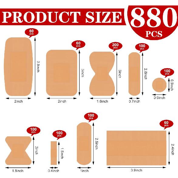 VAIPI 880 Pack Bandages Variety Pack Waterproof Fingertips Bandages Various Sizes First Aid Supplies Assorted Adhesive Fabric Bandages Bulk