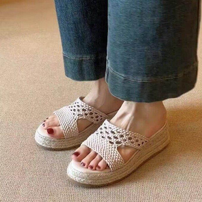Sheepskin Version~ Thick-soled Retro Straw Woven One-word Sandals Women's Versatile Super Fire Leather Woven Comfortable Commuter Fisherman Shoes