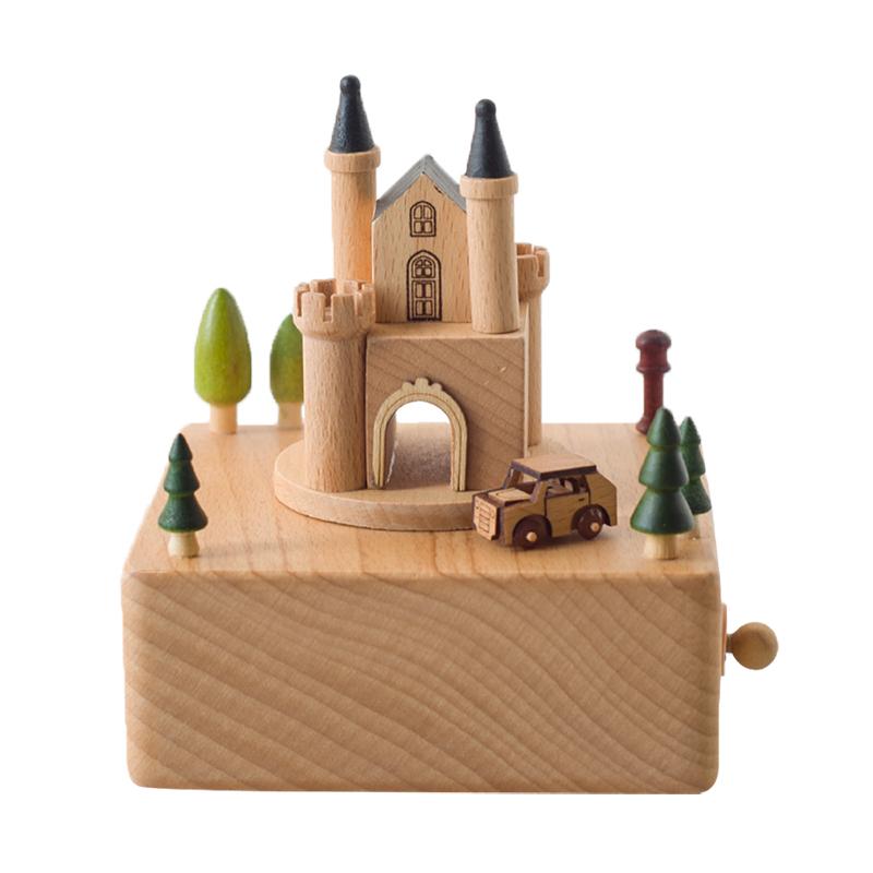 RTS Custom Logo Wooden Castle Music Boxes Tune Melody Magnetic Driven Car Rotating Feature Customizable Music Box Unique Logo