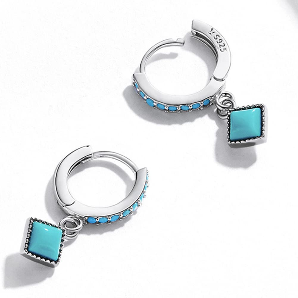 Rockyu Earrings for 925 Turquoise Square Hoop For For Both Pure Accessories Women, Small, Beautiful, Silver, Square, Geometric, Earrings, Diamond,