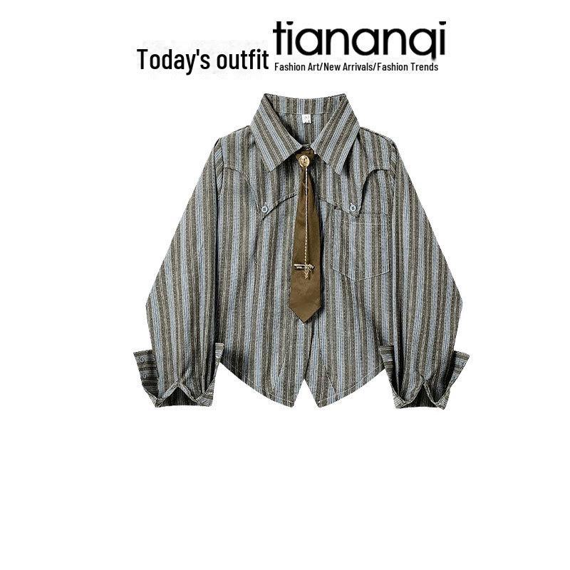 

Жіноча повсякденна сорочка в смужку та вільні ретро-потерті джинси з двох частин на ранню осінь 4XL