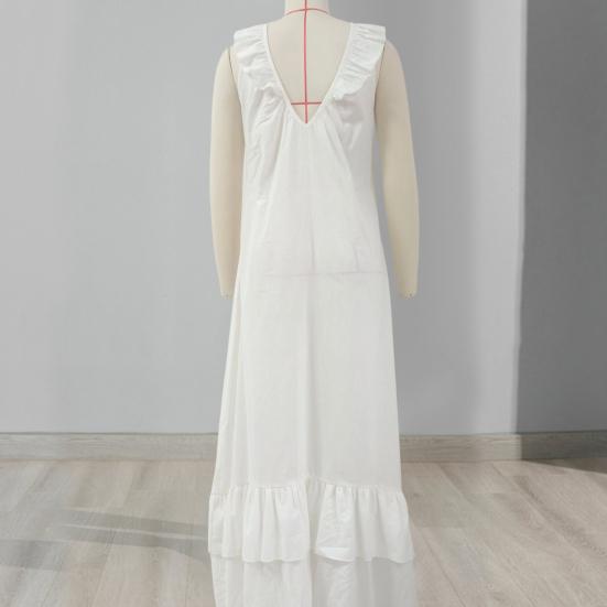 Women Bohemian Long Dress Summer Ruffle Deep V Neck Sleeveless Swing Dress Solid Color Loose Casual Beach Vacation Maxi Dress