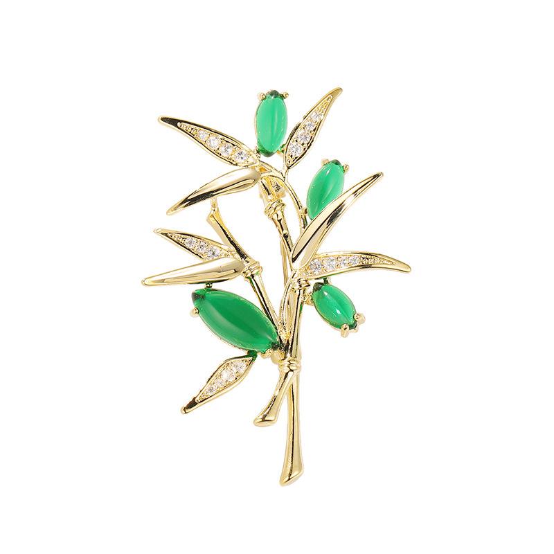 Bo Xin Yun Elegant Bamboo Brooch with Zircon Green Chalcedony - High-end Chinese Style Corsage Pin Accessory.