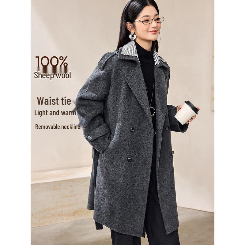 Mohanyimei 100% Wool Detachable Faux Two-Piece Long Coat XL