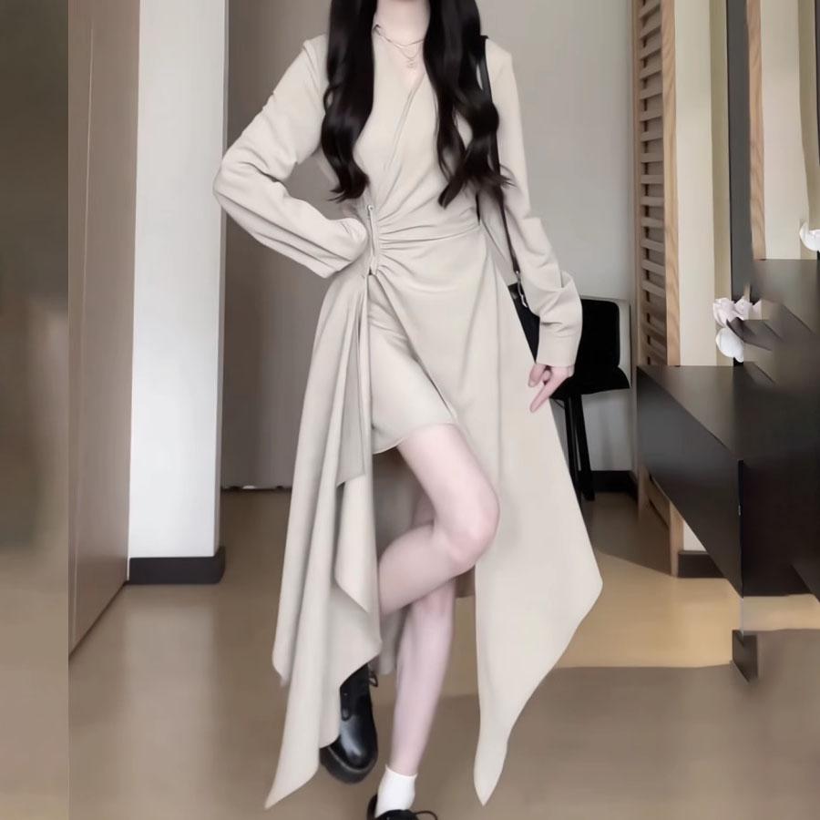 French Irregular Long Skirt Autumn Waist-Cinching Design Sense V-Neck Temperament Solid Color Split Dress Women's