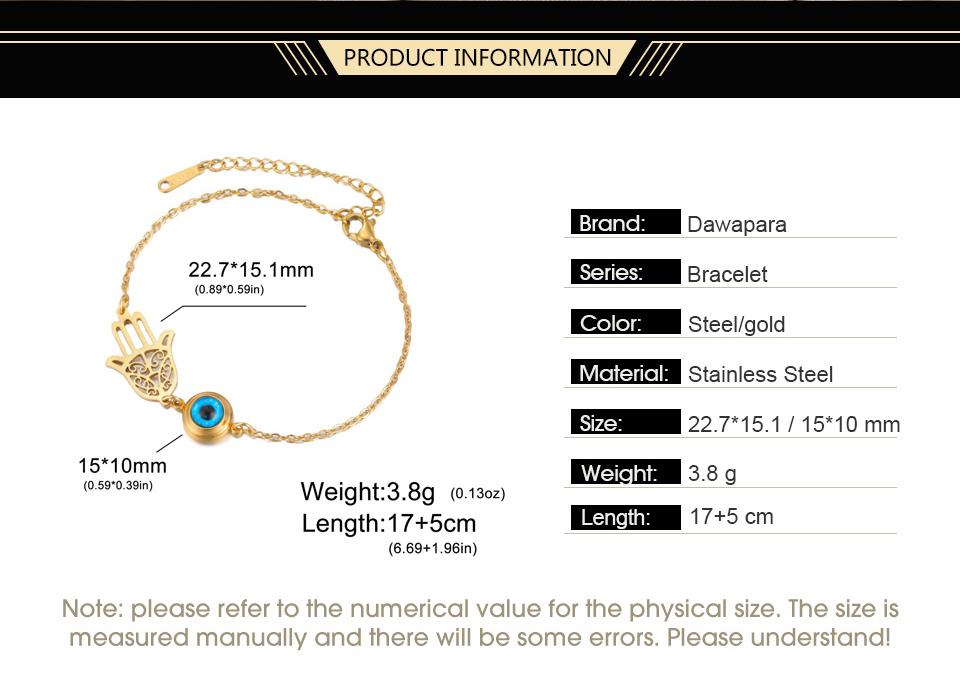 Dawapara Hamsa Evil Eye Bracelet Hand of Fatima Protection Talisman Good Luck Charm Stainless Steel Jewelry