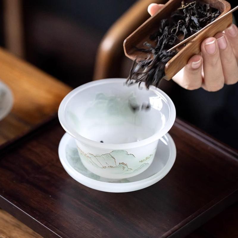 Landscape glazed cover bowl two cups three talent cover bowl kung fu tea set household tea set tea set