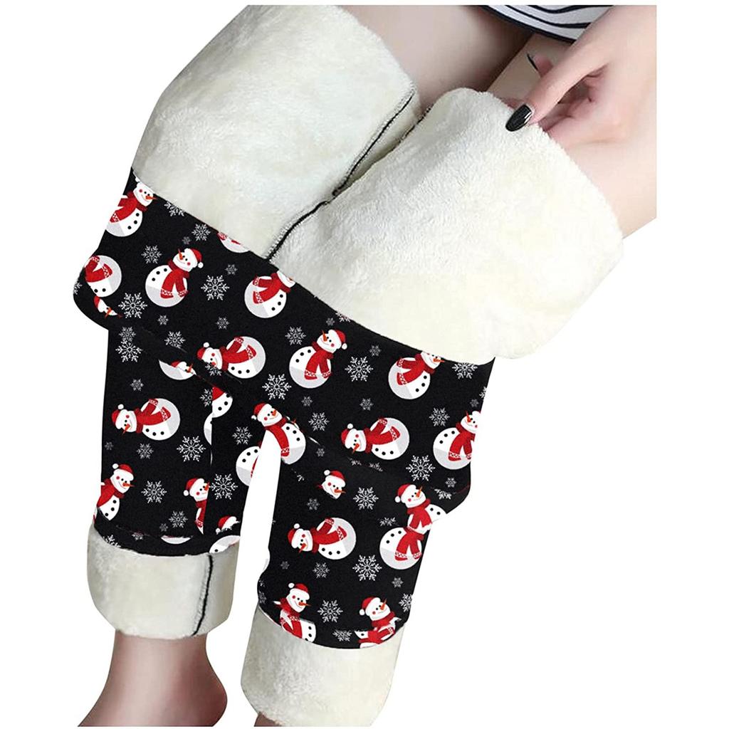 Womens Christmas Print Thickened Lambswool High Waist Stretch Thickened Cashmere Warm Pants