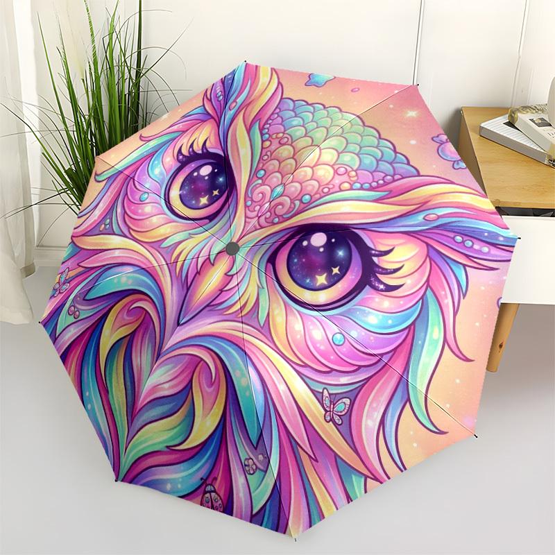 1pc Colorful Owl Automatic Opening/Closing Folding Umbrella with 8 Ribs,Windproof Portable Sunshade Umbrella Holiday gift yy260401031