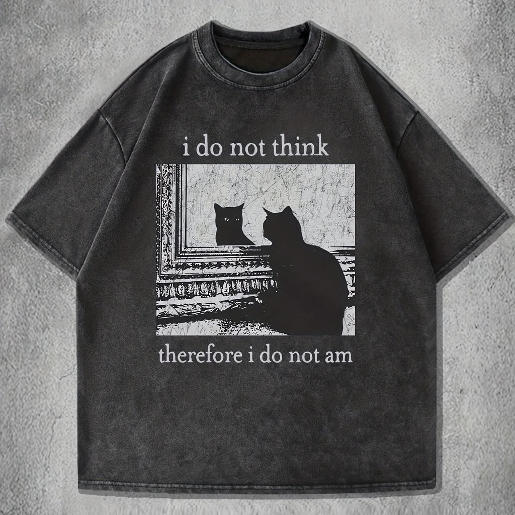 Black Cat Philosophy Quotes Printed Tshirt Women and Unisex Retro Washed Top SpringSummer Loose Short Sleeve Unisex Tshirt