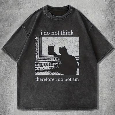Schwarze Katze Philosophie Zitate Aufdruck T-Shirt Damen und Unisex Retro Gewaschenes Oberteil FrühlingSommer Locker Kurzarm Unisex T-Shirt