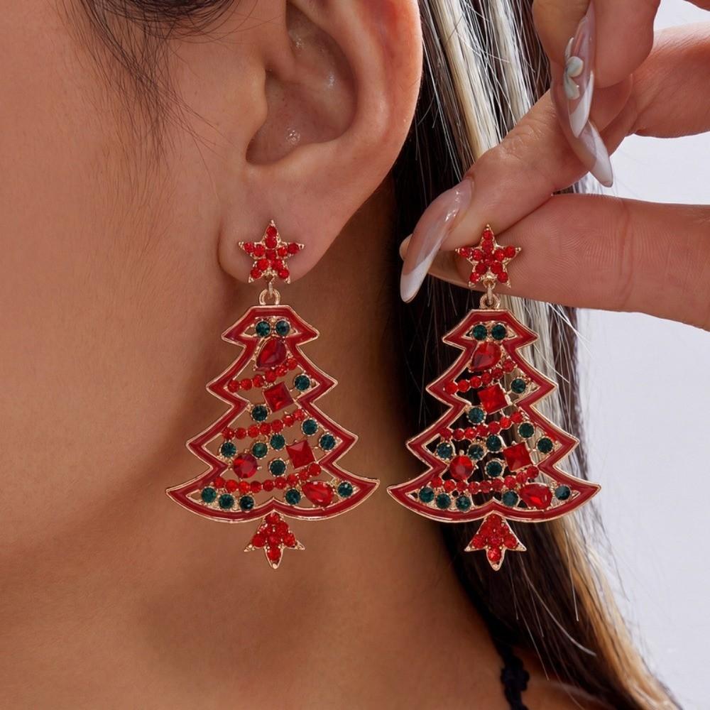 Colorful Rhinestone Drop Ear Drop Dangle Crystal Xmas Studs Christmas Tree Earrings  Fashion Women