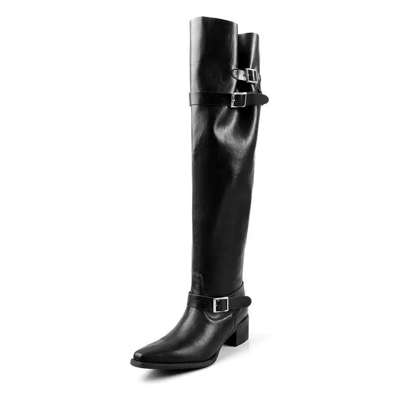 Cowhide Edition~ Retro Skinny Suede Pointed Tall Knight Boots Women's Thick Heel Boots Spice Girl Pleated Pile Boots